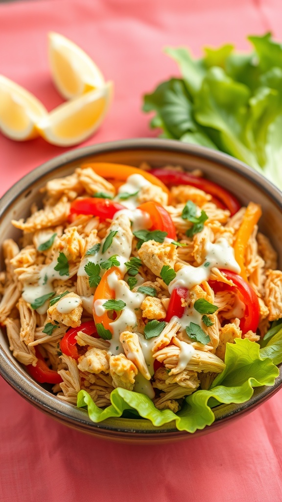 Curry-spiced chicken salad with shredded chicken, bell peppers, and herbs in a rustic bowl.