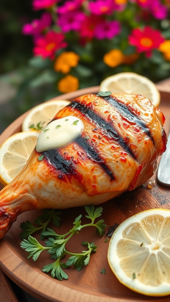 Grilled chicken drumstick glistening with garlic butter, served with herbs and lemon wedges.