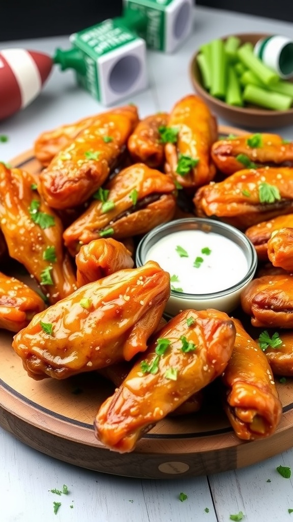 Crispy garlic butter ranch chicken wings on a wooden platter with ranch dressing.