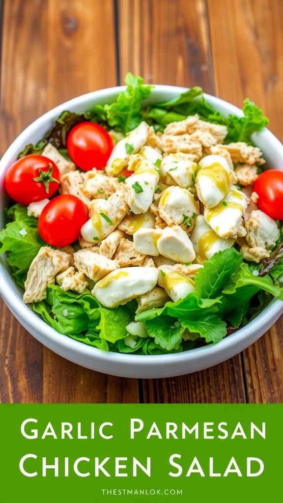 Garlic Parmesan Chicken Salad with shredded chicken, Parmesan cheese, and cherry tomatoes on mixed greens.