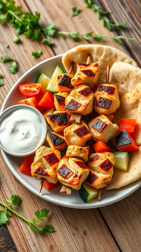 Grilled chicken souvlaki skewers on a plate with warm pita, fresh tomatoes, cucumbers, and tzatziki sauce.