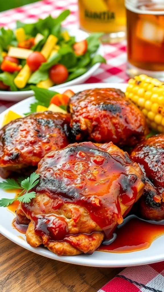 Grilled BBQ chicken thighs garnished with parsley, served with a summer salad and corn on a rustic picnic table.