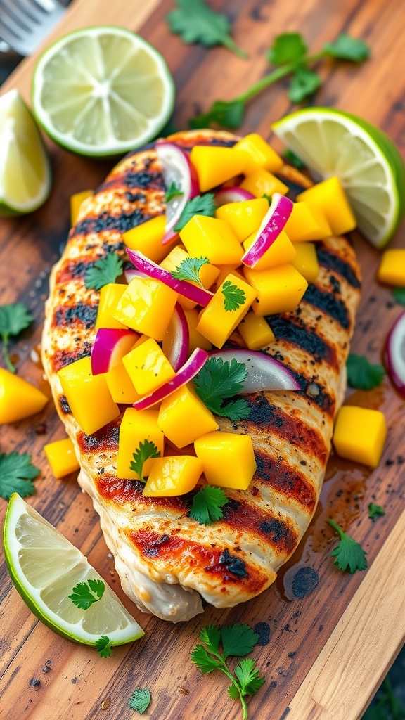 Grilled chicken breast with mango salsa on a wooden platter, garnished with lime wedges and cilantro.