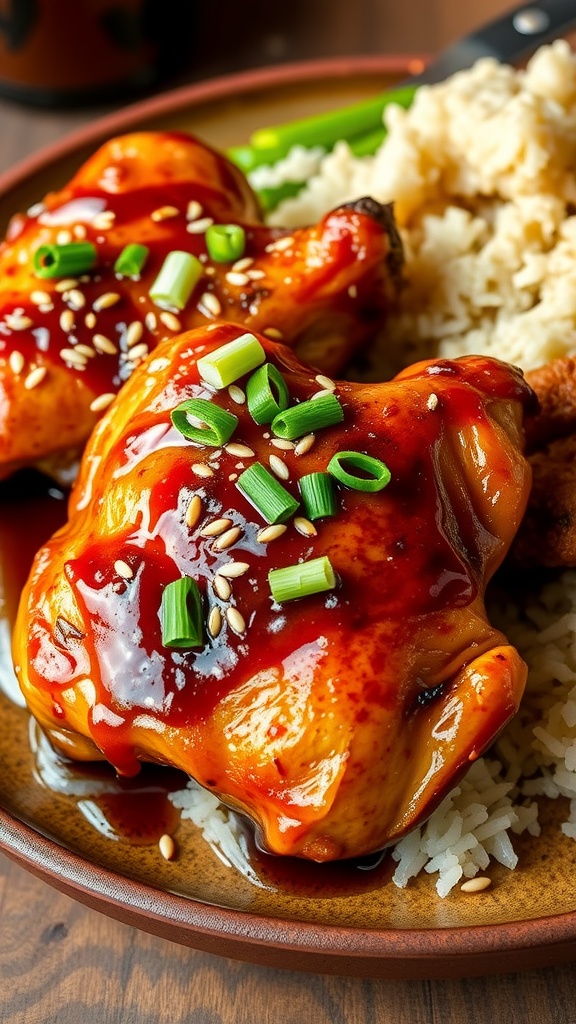 Honey garlic baked chicken thighs on a plate with rice and vegetables, garnished with green onions and sesame seeds.