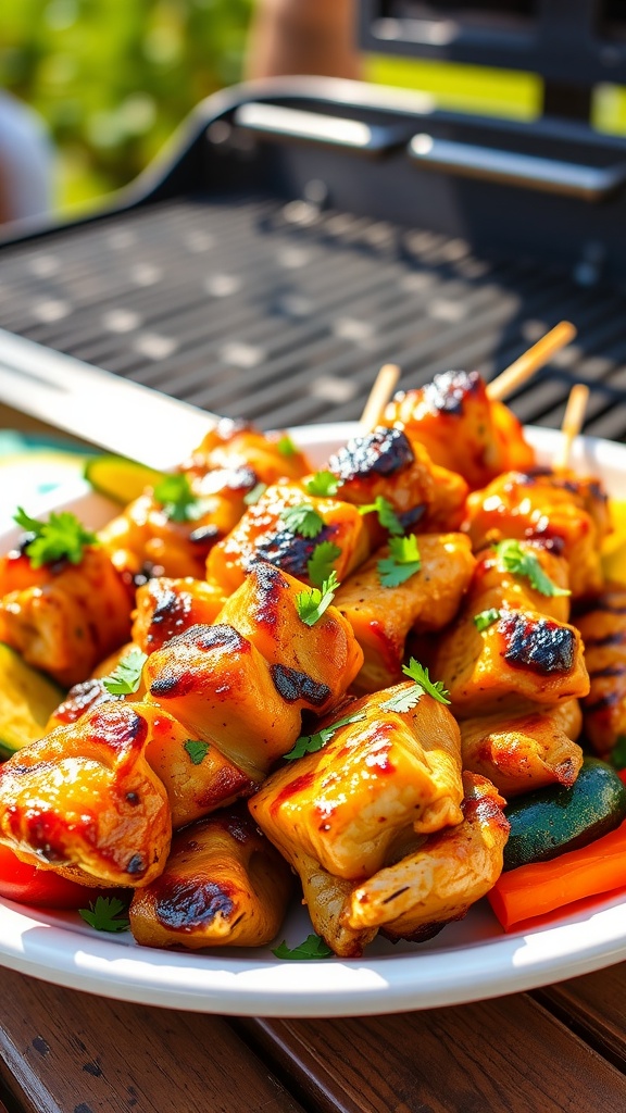 Honey mustard grilled chicken skewers served on a platter with vegetables, garnished with parsley.