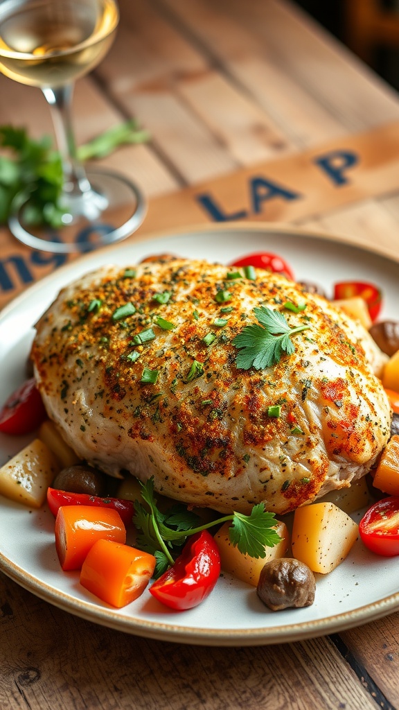 Italian Herb-Crusted Chicken breast plated with roasted vegetables and garnished with parsley.