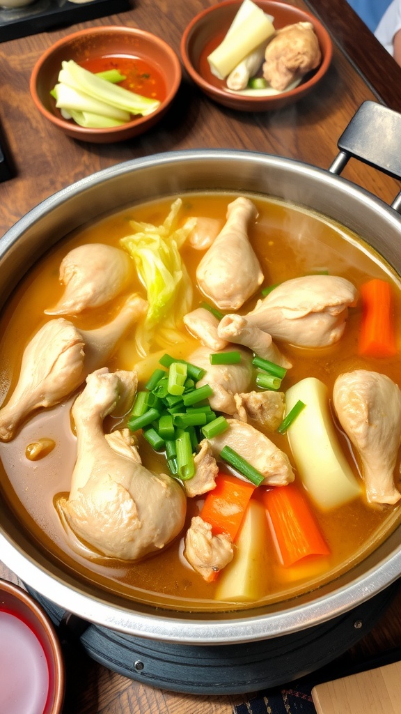 Japanese chicken hot pot (Tori Nabe) with chicken, vegetables, and broth on a wooden table.