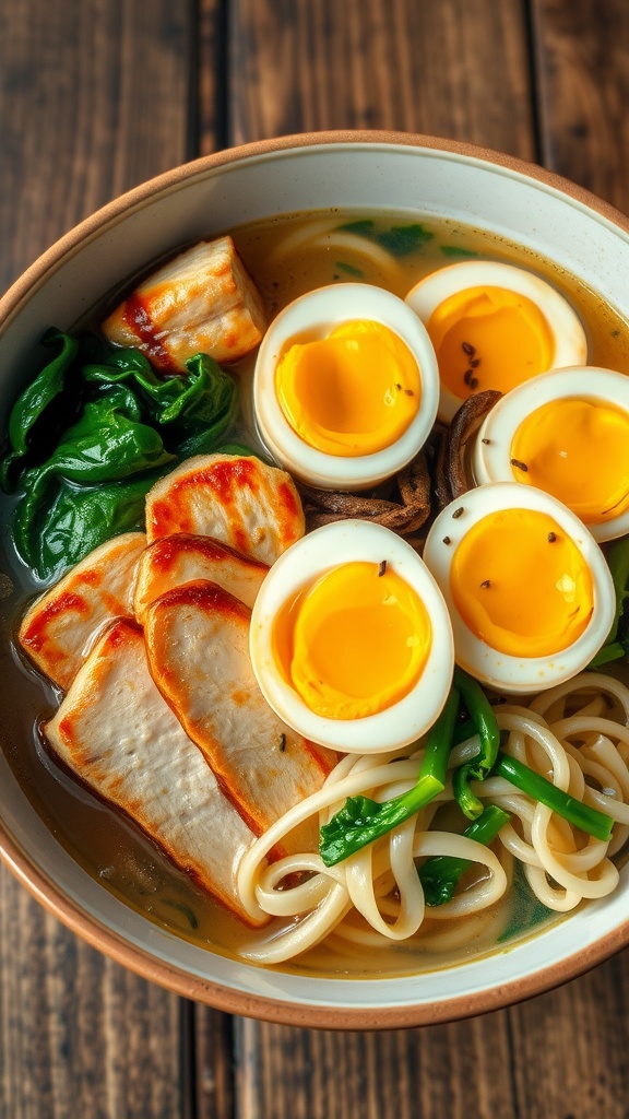 Delicious bowl of Japanese chicken ramen with teriyaki chicken, soft-boiled eggs, spinach, and garnished with nori and sesame seeds.