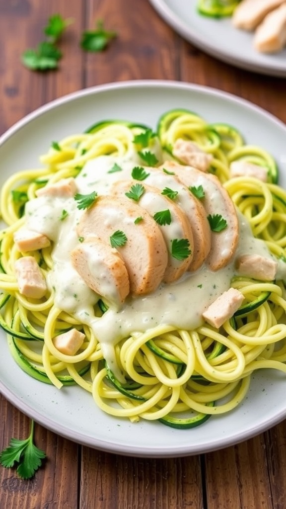 Keto Chicken Alfredo with zoodles, creamy sauce, and garnished with parsley on a rustic table.