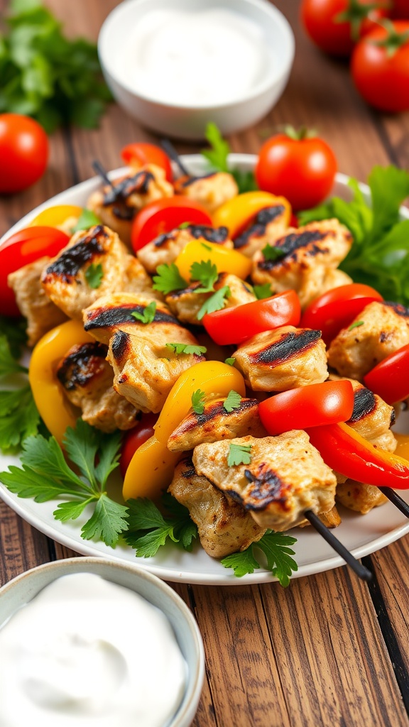 Grilled lemon garlic chicken kabobs with colorful vegetables and yogurt dip on a rustic table.