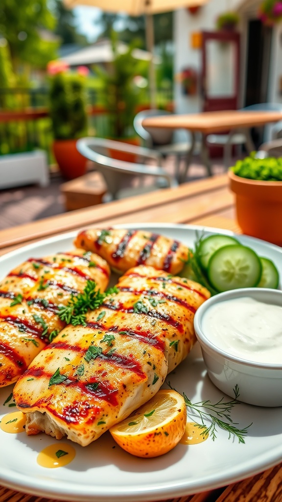 Grilled lemon herb chicken with tzatziki sauce and cucumber slices on a bright outdoor table.