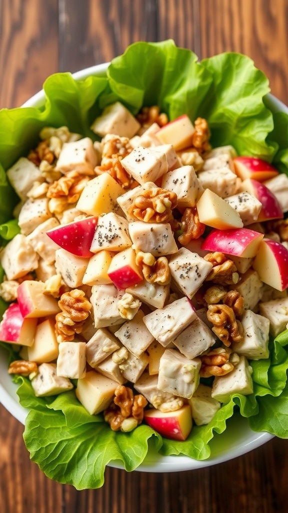 Waldorf Chicken Salad with chicken, apples, walnuts on lettuce, served in a rustic bowl.