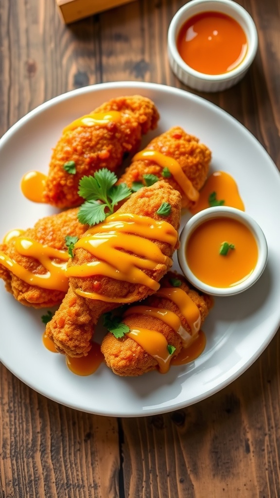 Crispy chicken tenders coated in sweet chili and mango glaze, garnished with cilantro, served on a wooden plate.