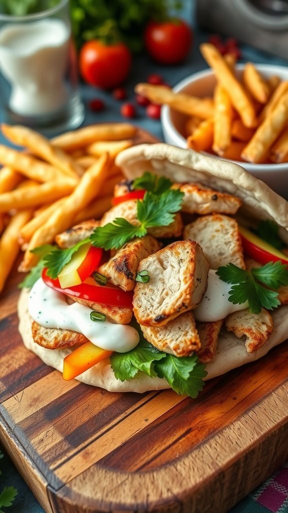 Mediterranean grilled chicken sandwich with fresh veggies and yogurt sauce on a wooden table.