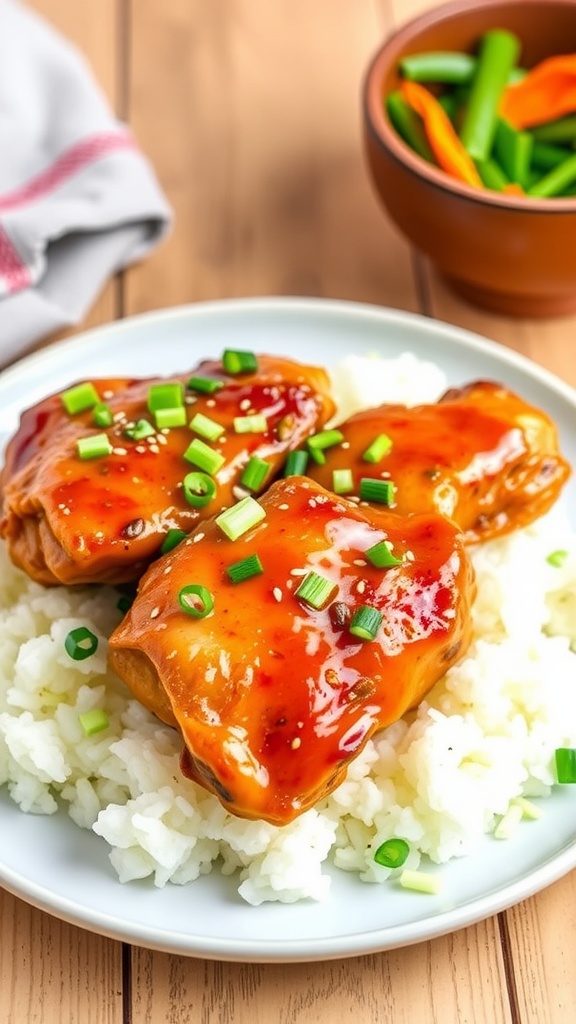 Savory miso butter chicken thighs garnished with green onions and sesame seeds on a plate with rice and vegetables.