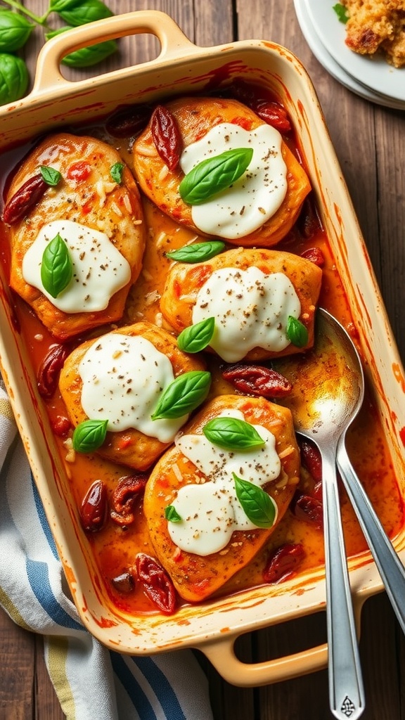 Tuscan Sun-Dried Tomato Chicken Casserole topped with cheese and basil, served on a rustic table.