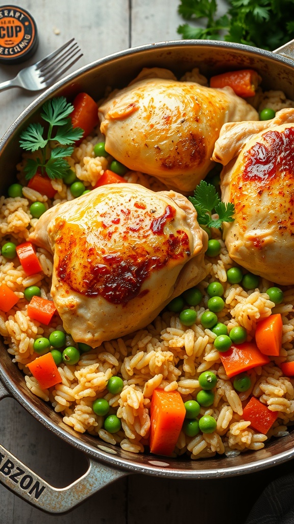 Baked chicken and rice with vegetables in an oven-safe skillet, garnished with parsley.