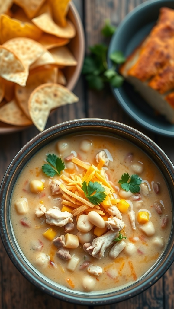 A hearty bowl of white chicken chili garnished with cheese and cilantro, served with chips on a wooden table.