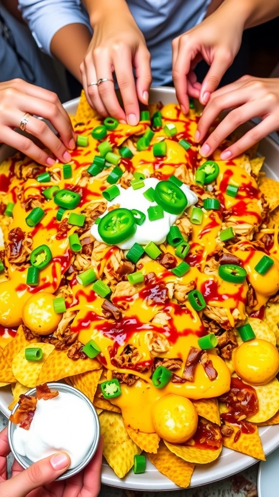 Pulled BBQ chicken nachos topped with cheese and jalapenos, served on a platter.