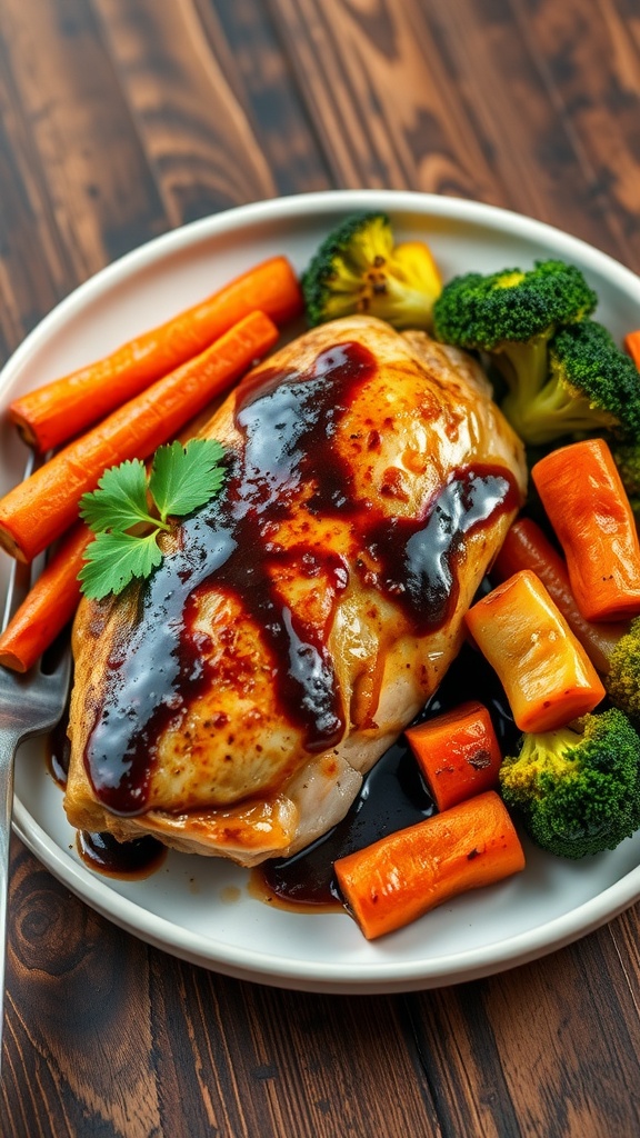 Juicy balsamic glazed chicken served with roasted vegetables on a rustic table.