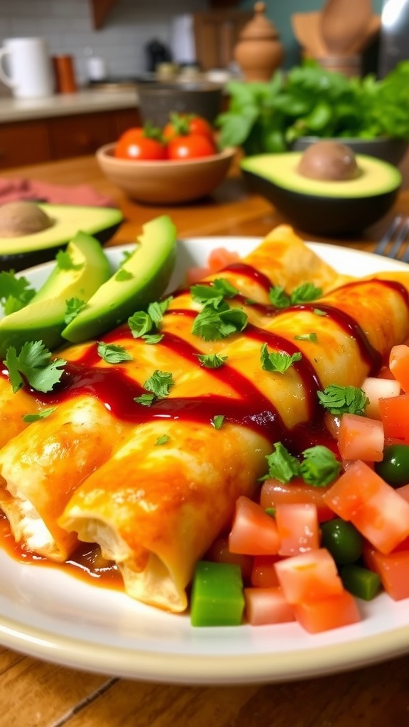 Delicious slow cooker chicken enchiladas topped with cheese and cilantro, served with salad on a rustic table.