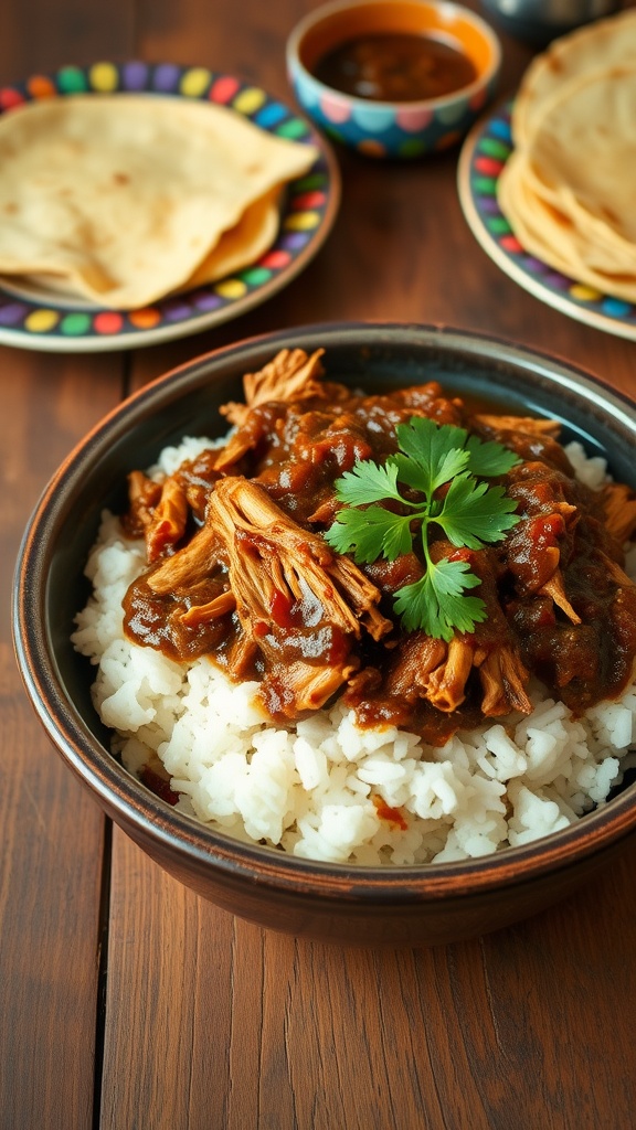 Shredded slow cooker chicken in mole sauce, garnished with cilantro, served over rice with tortillas.