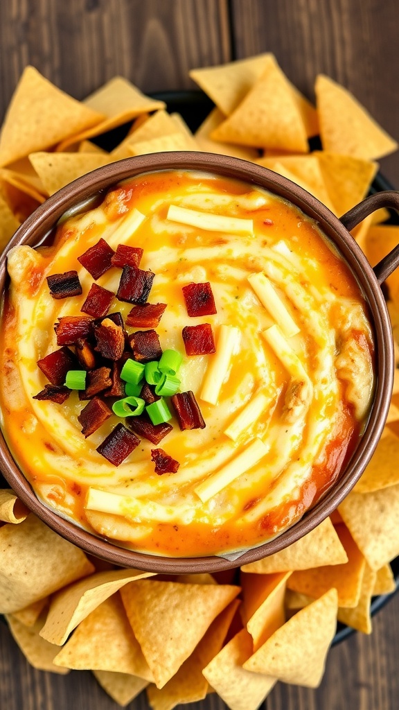 Cheesy BBQ chicken bacon dip in a bowl, garnished with green onions, with tortilla chips for dipping.