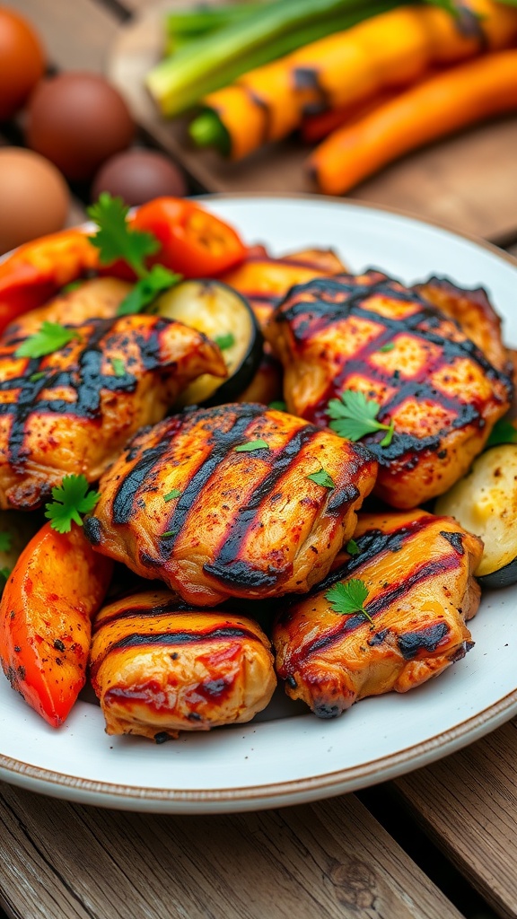 Grilled chicken thighs seasoned with smoky paprika, garnished with parsley, served with grilled vegetables on a picnic table.