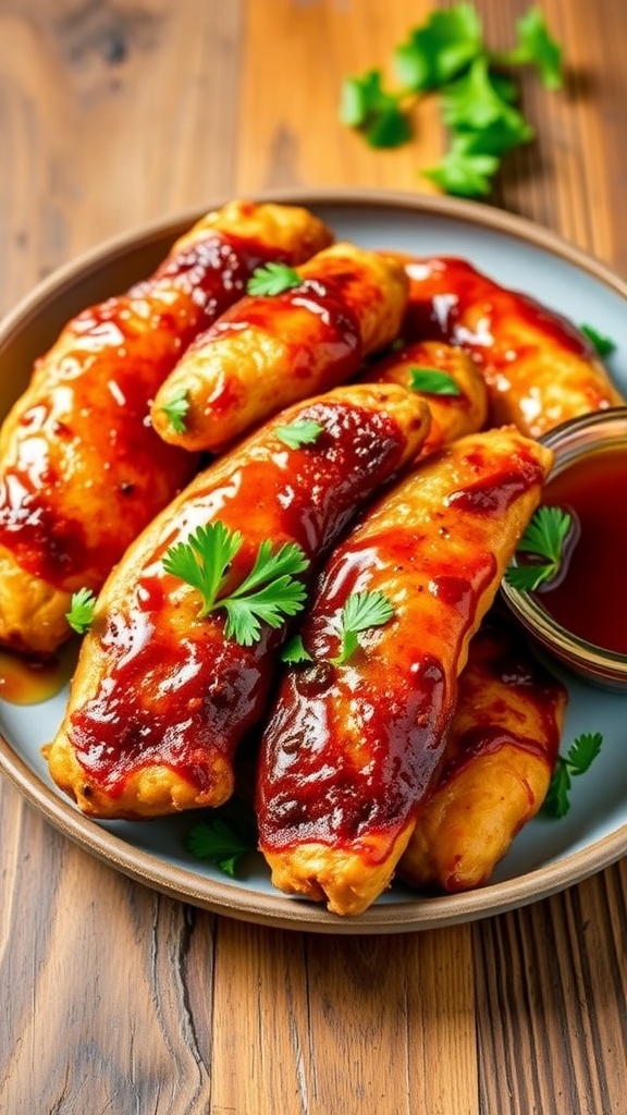 Golden smoky paprika and honey-glazed chicken tenders on a plate with parsley and dipping sauce.