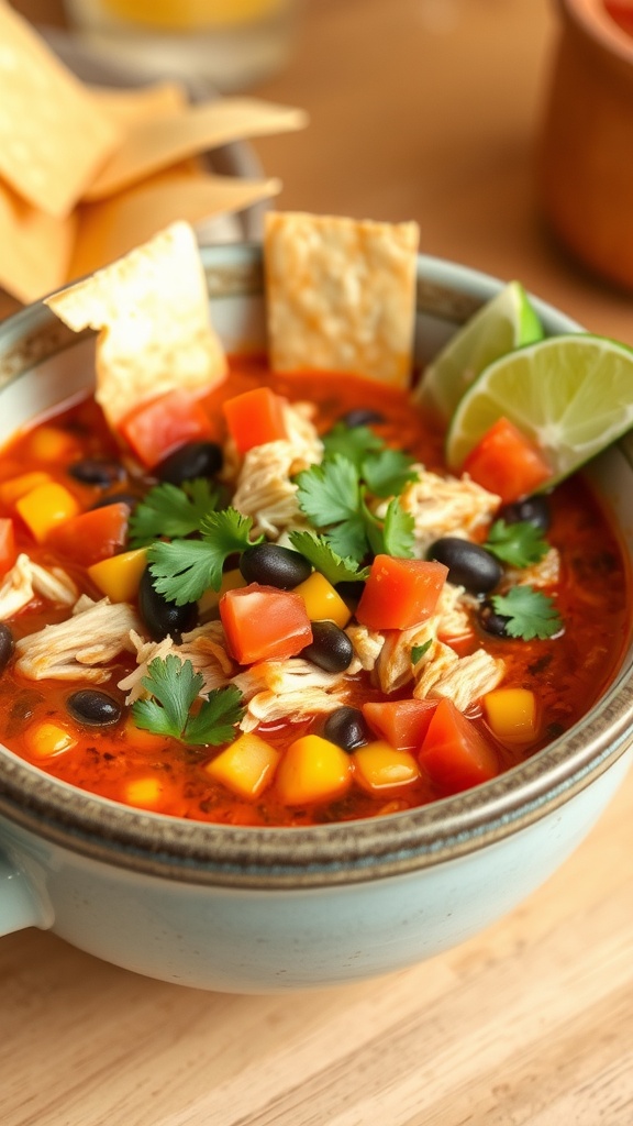 A hearty bowl of spicy chicken tortilla soup with chicken, beans, corn, and tortilla strips, garnished with cilantro and lime.