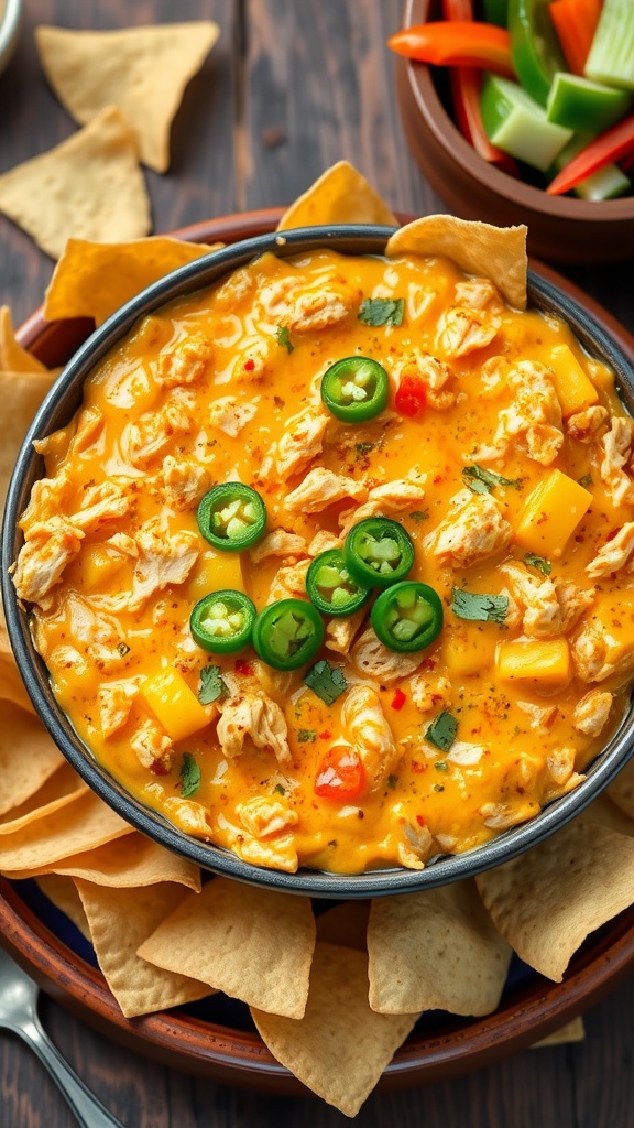 Creamy jalapeno chicken dip with tortilla chips on a rustic table.