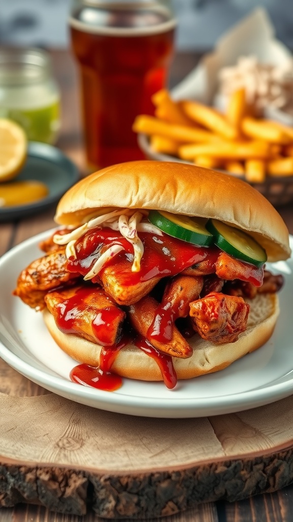 Spicy Korean BBQ chicken sandwich with coleslaw on a toasted bun, served with fries.