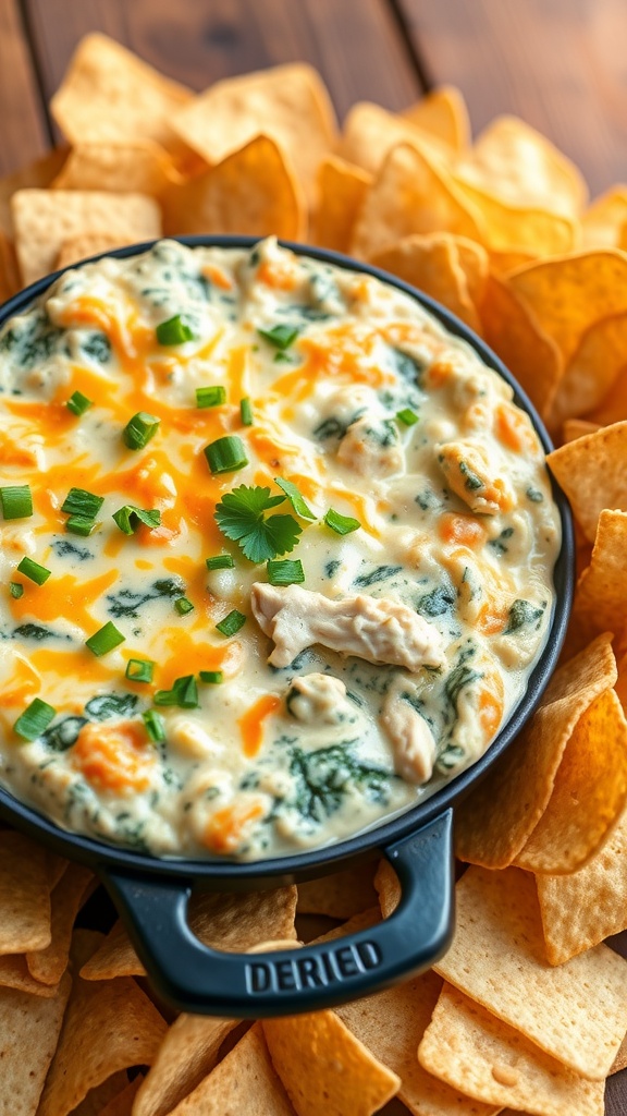 A creamy spinach and chicken dip in a baking dish, paired with tortilla chips on a rustic wooden table.