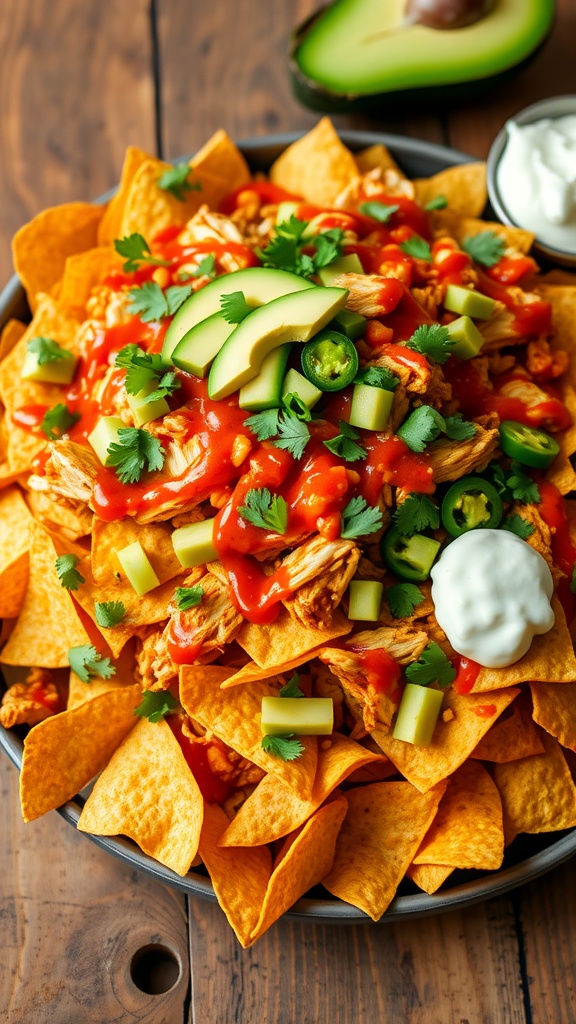 Sweet Chili Chicken Nachos topped with chicken, cheese, avocado, and garnished with cilantro on a wooden platter.