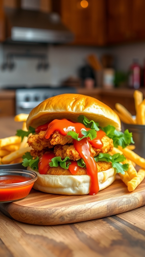 A delicious Sweet Chili Chicken Sandwich with crispy chicken, lettuce, and tomatoes served with fries.