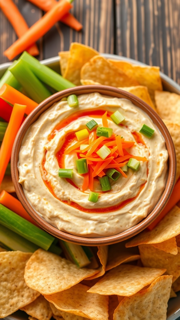 Sweet and Spicy Thai Chicken Dip with green onions and carrots, served with chips and veggies.