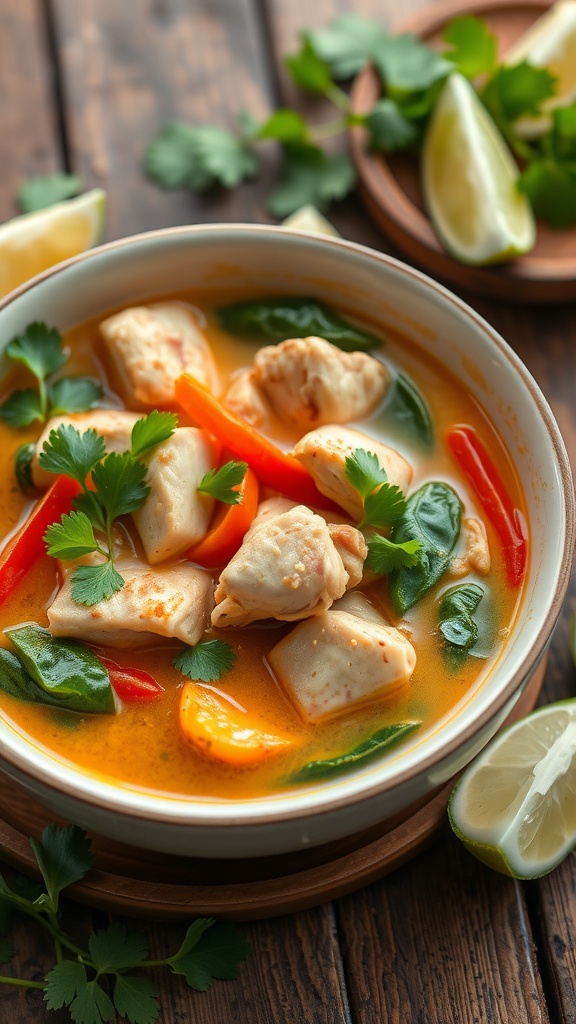 A vibrant bowl of coconut curry chicken soup with peppers and greens, garnished with cilantro and lime, on a rustic table.