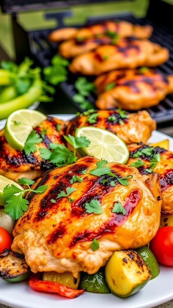 Grilled chicken thighs marinated in coconut milk and Thai spices, garnished with cilantro and lime.