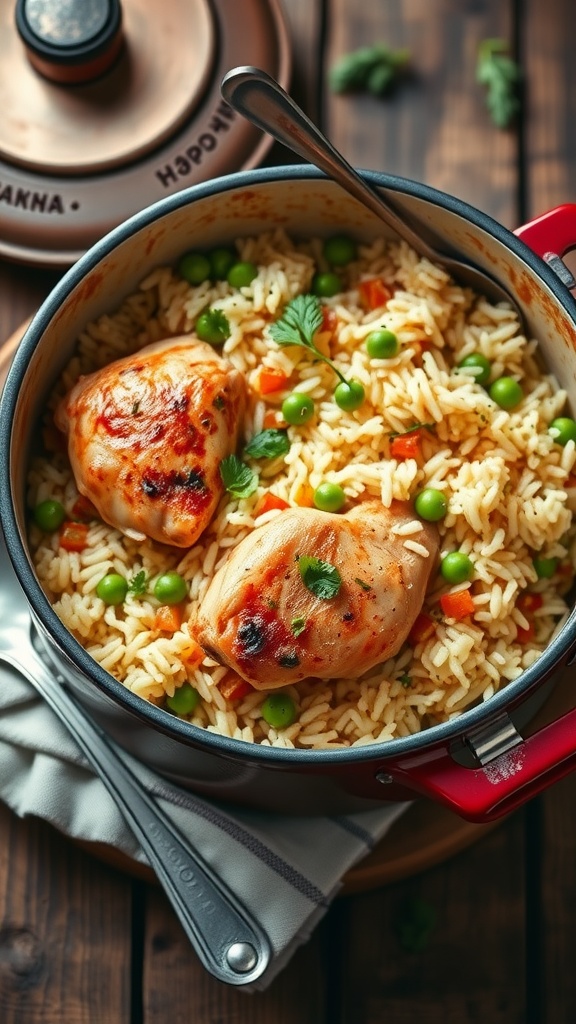 A delicious one-pot chicken and rice dish with chicken thighs, rice, and peas, garnished with herbs, in a rustic pot on a wooden table.