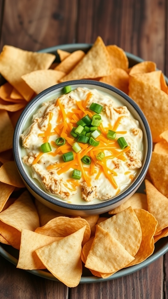 Creamy buffalo chicken dip with chips, garnished with green onions, on a wooden table.