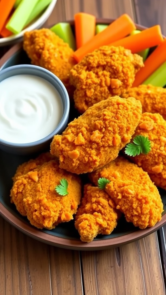 Golden crispy buttermilk ranch chicken tenders on a plate with ranch dressing and fresh vegetables.