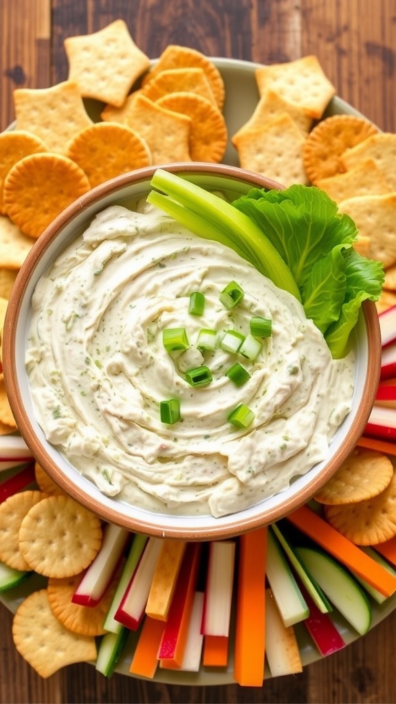 Creamy Chicken Caesar Salad Dip with crackers and vegetables on a rustic table.