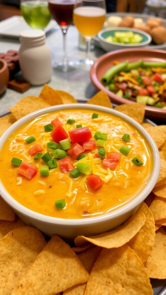 Creamy chicken taco dip in a bowl surrounded by tortilla chips, topped with cheese and green onions.