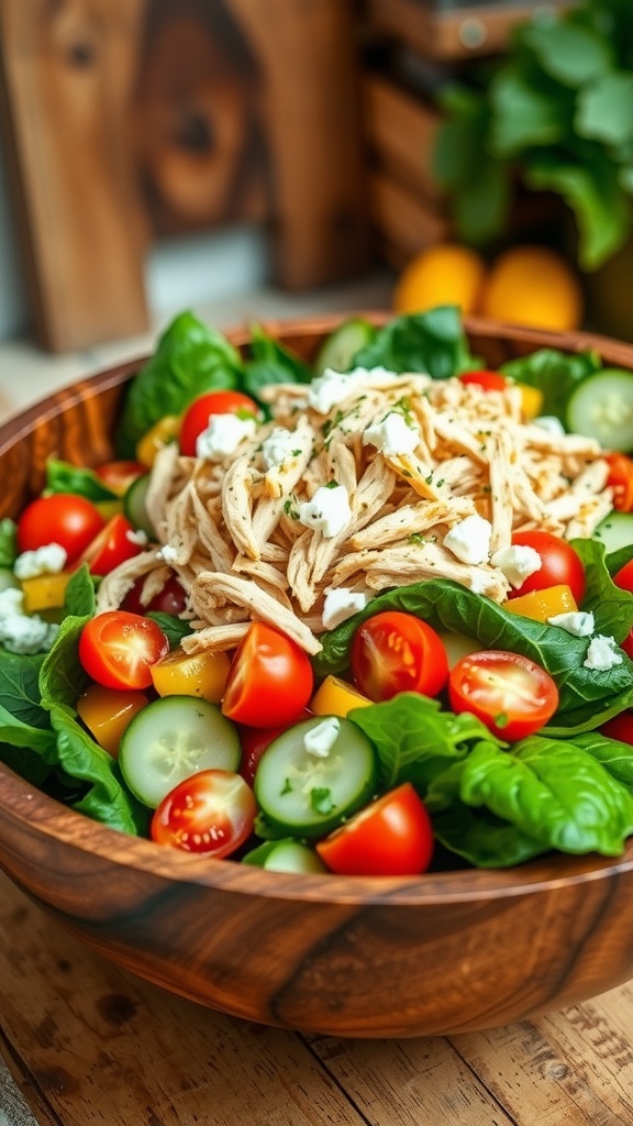 A vibrant garden chicken salad with chicken, tomatoes, cucumbers, and greens in a wooden bowl.