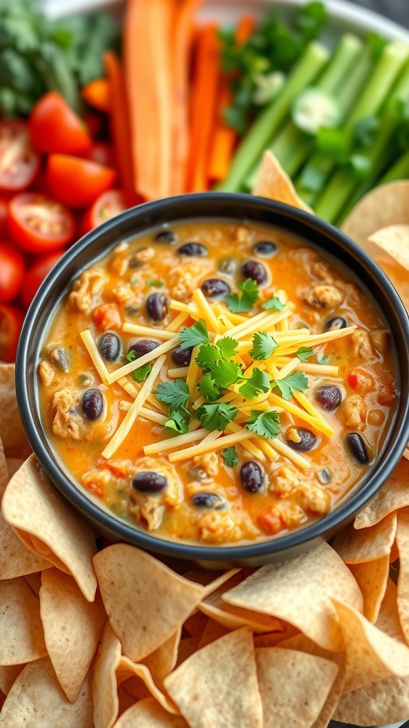 A bowl of spicy chipotle chicken and black bean dip with cheese, garnished with cilantro, and tortilla chips on a colorful table.