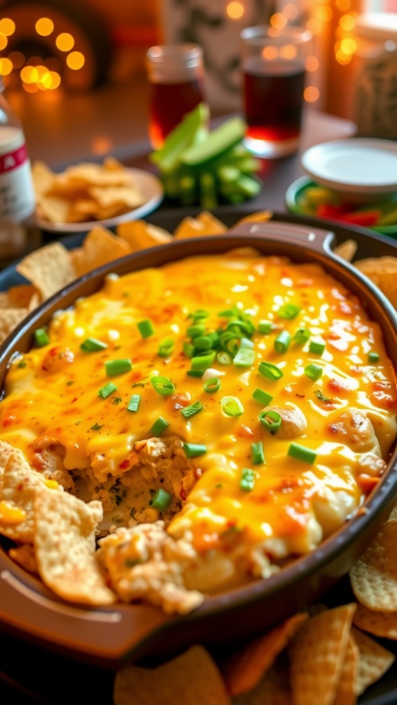 A warm honey mustard chicken dip with cheese, garnished with green onions, served with tortilla chips and veggie sticks.