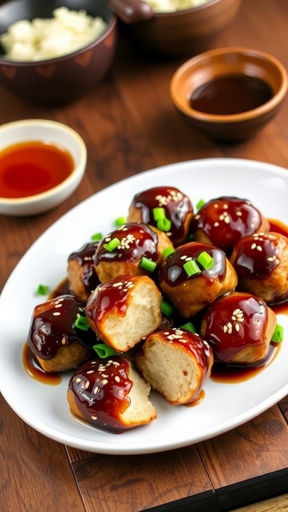 Honey soy glazed chicken meatballs on a plate, garnished with sesame seeds and green onions, served with rice and dipping sauce.