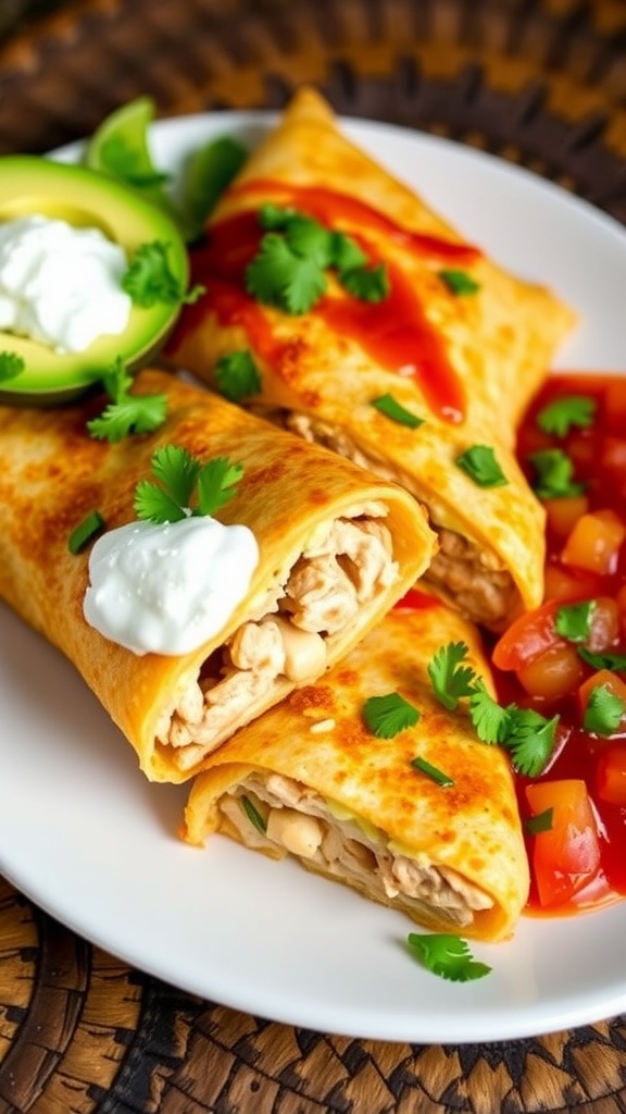 Golden crispy chicken chimichangas garnished with cilantro and sour cream, served with salsa.