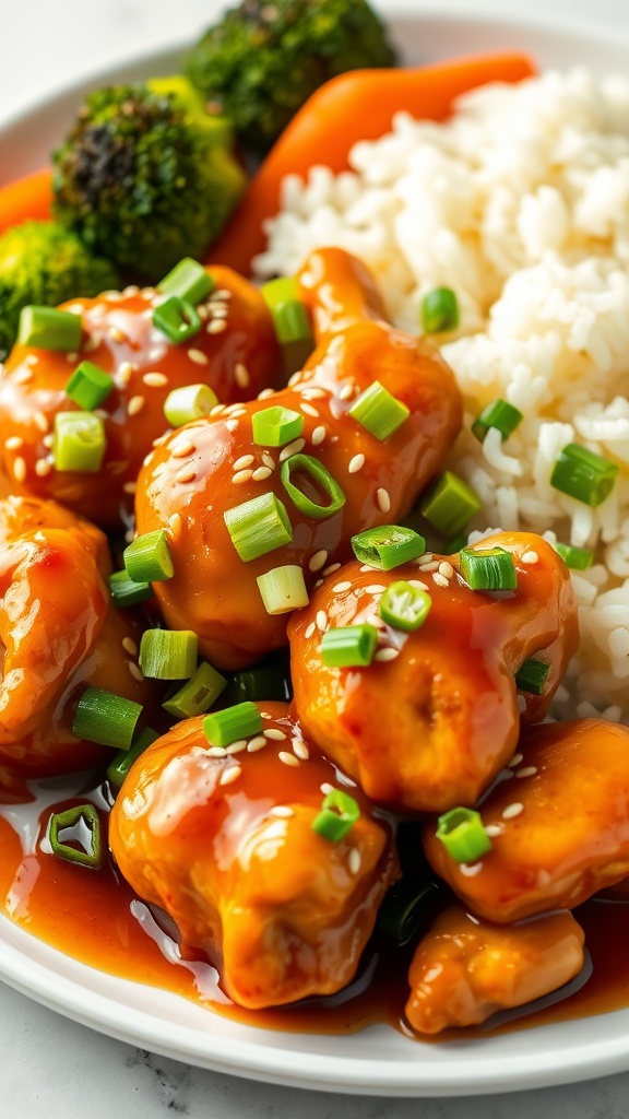 Honey garlic chicken thighs with rice and vegetables on a plate, garnished with green onions.