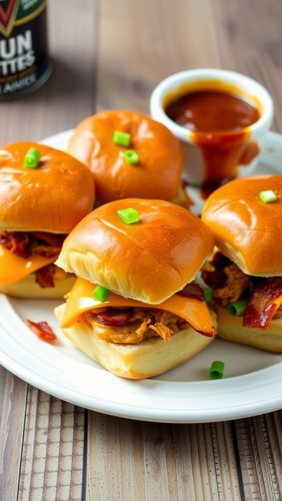 Smoky BBQ Chicken and Cheese Sliders with pulled chicken, cheese, and bacon on a plate with barbecue sauce.